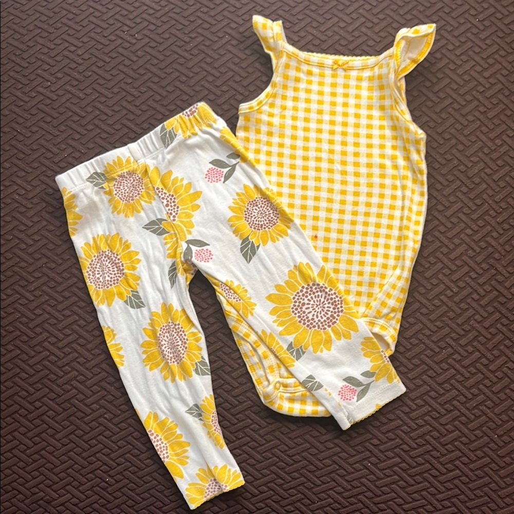 Yellow Gingham Romper and Sunflower Leggings Set
